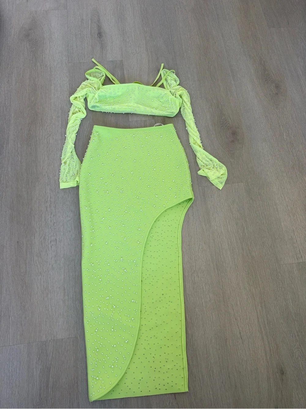 Neon Lime Embellished Asymmetrical Skirt Set Women